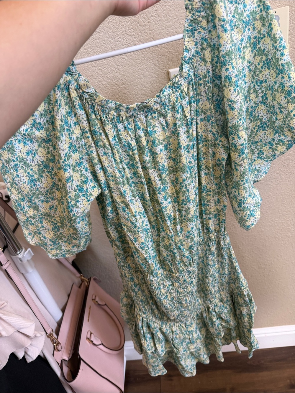 Floral Off-Shoulder Mini Dress in Teal and Cream - Picture 3 of 3